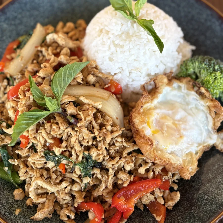 Kaprow Kai with jasmine rice and a fried egg